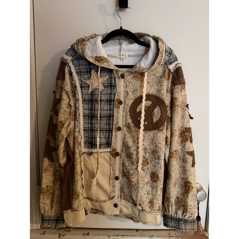 POL Oversized Patchwork Hoodie Jacket Peace Sign Floral Plaid Brown Medium